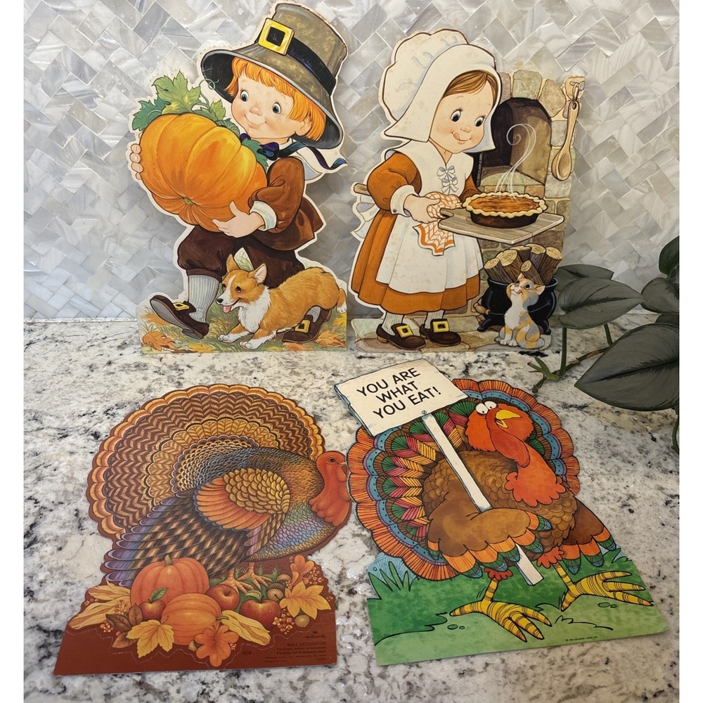 4 Vintage Thanksgiving Pilgrims Cardboard Die Cut Decorations Hallmark turkey